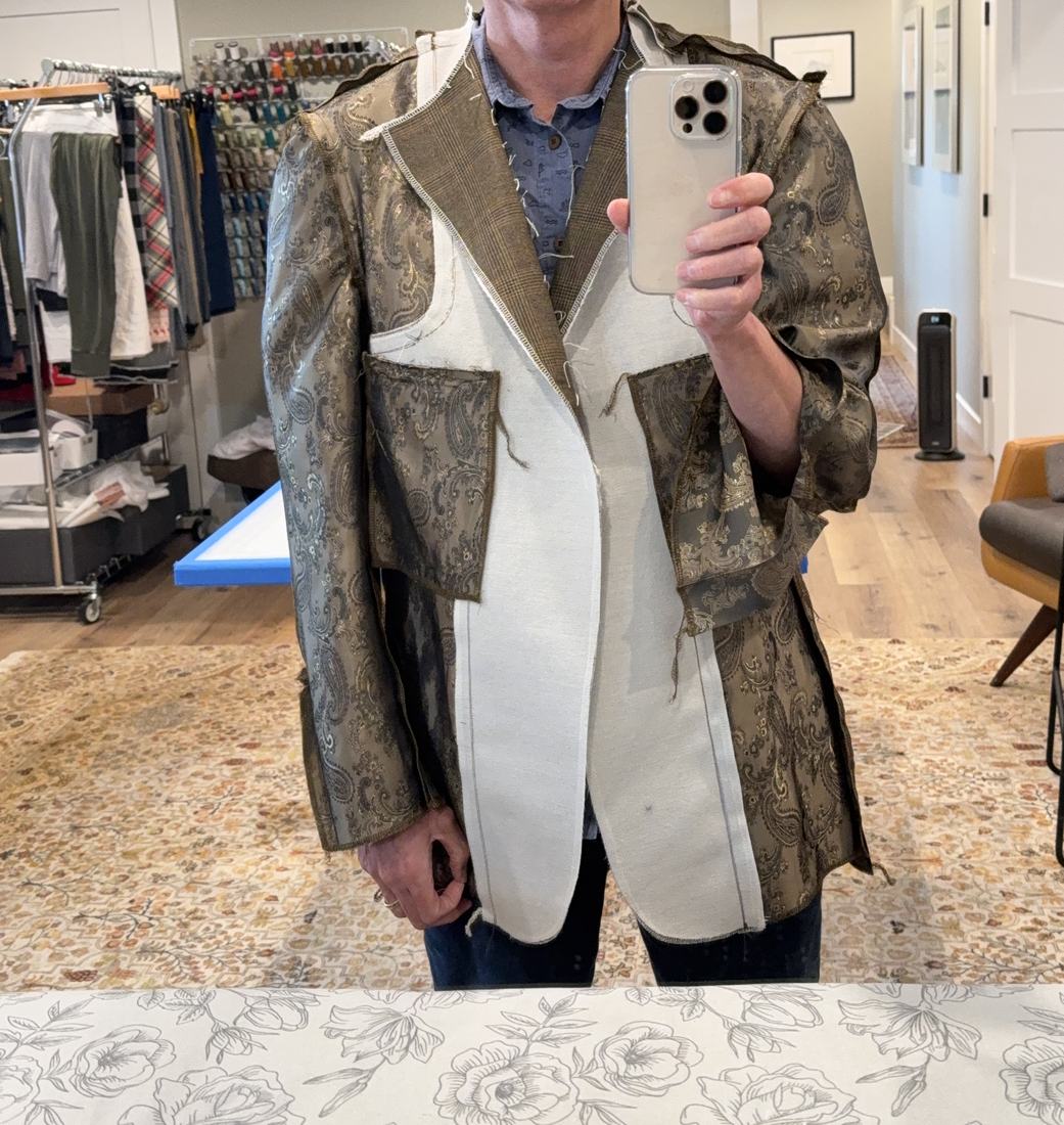A fitting with the white canvas front and the brocade lining worn together.